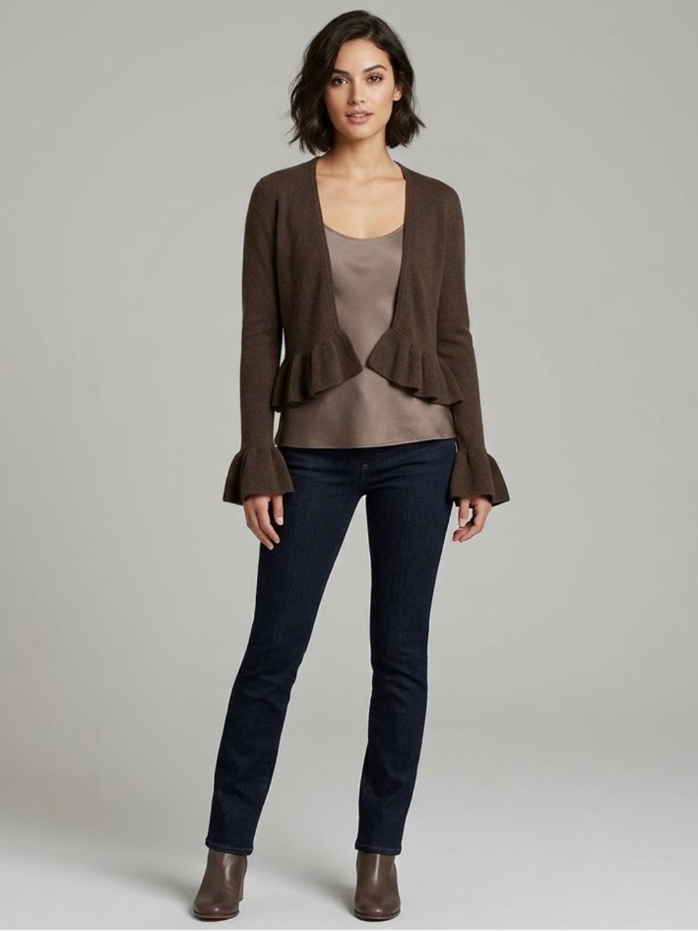 Laundry by Shelli Segal 100% Cashmere Ruffle Open Front Cardigan Sweater